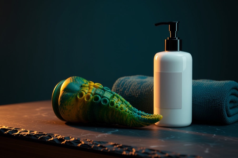 Gode tentacule vert aux ventouses apparentes posé sur un plan de vasque en pierre, à côté d'un flacon pompe