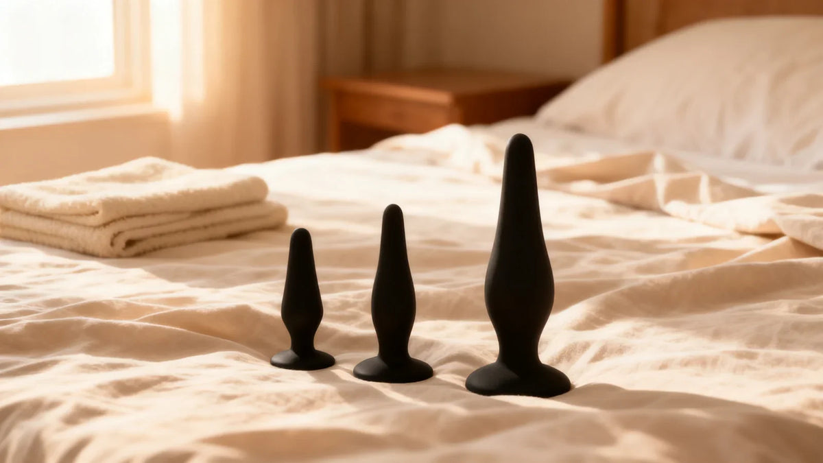 Trois plugs anaux noirs en silicone de tailles croissantes alignés sur des draps de lin clair, serviette pliée et table de chevet en bois à l’arrière-plan, lumière douce du matin