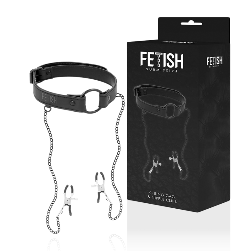 Bâillon Anneau BDSM Cuir Vegan avec Pinces à Tétons sur Chaîne - Fetish Submissive