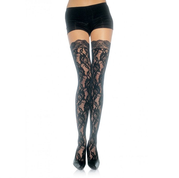 Bas en Dentelle Fleurie Bande Élastique Taille Unique - Leg Avenue
