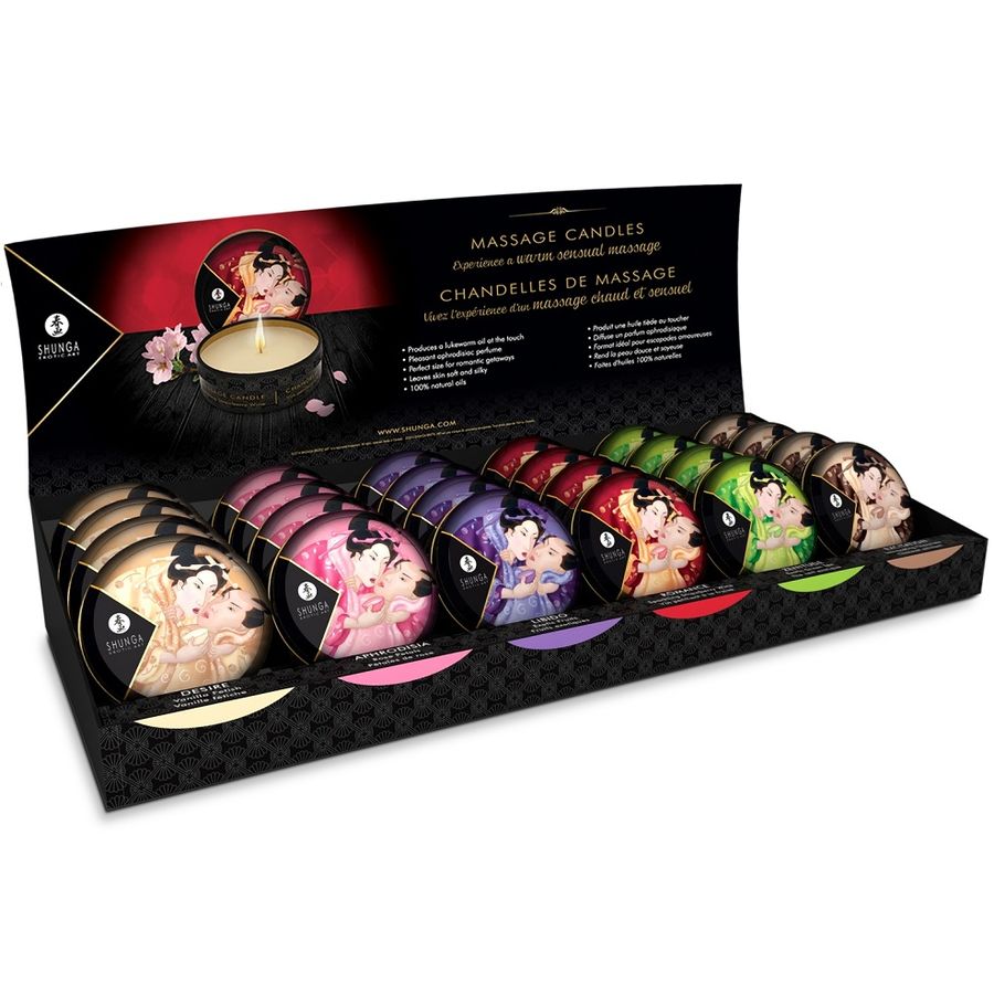 Bougie de Massage Mini Caresse Présentoir 24 Unités 6 Arômes - Shunga