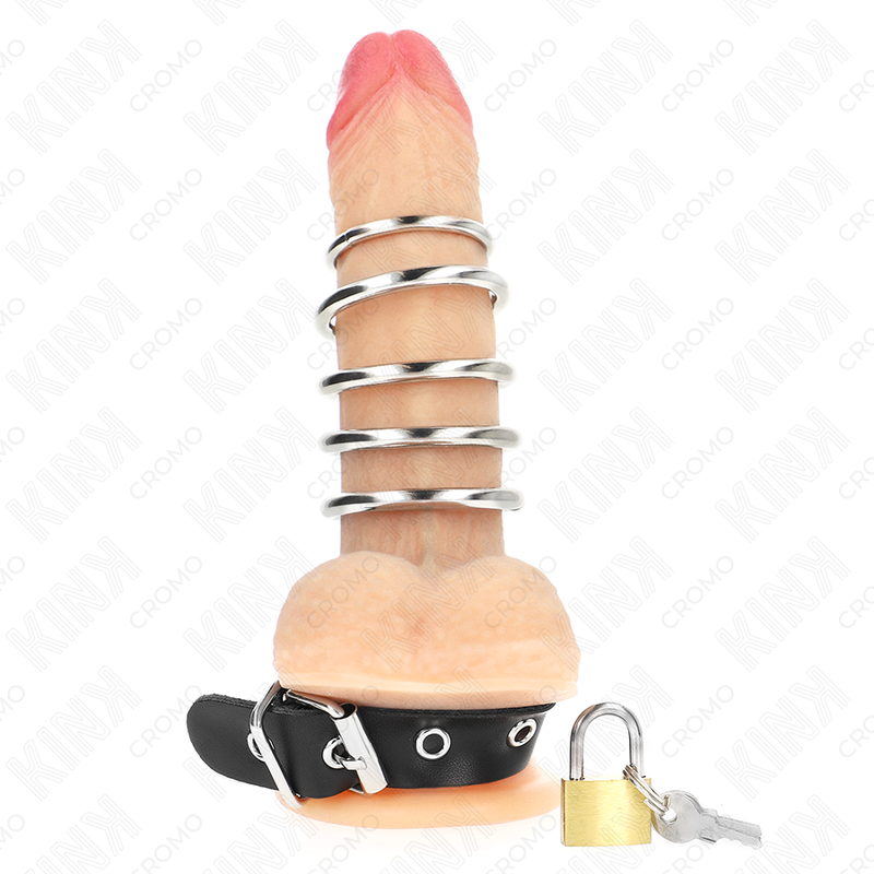 Cockring Cuir Sangle de Verrouillage 5 Anneaux Métalliques - Kink