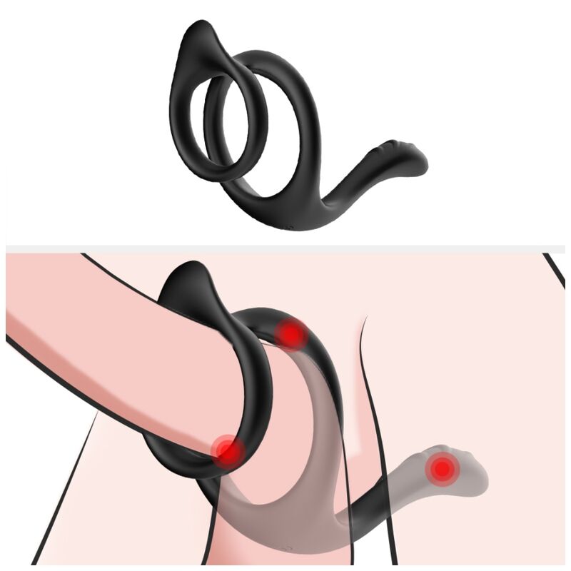 Cockring Double Anneau Pénis et Testicules Queue Anale Noir - Armony