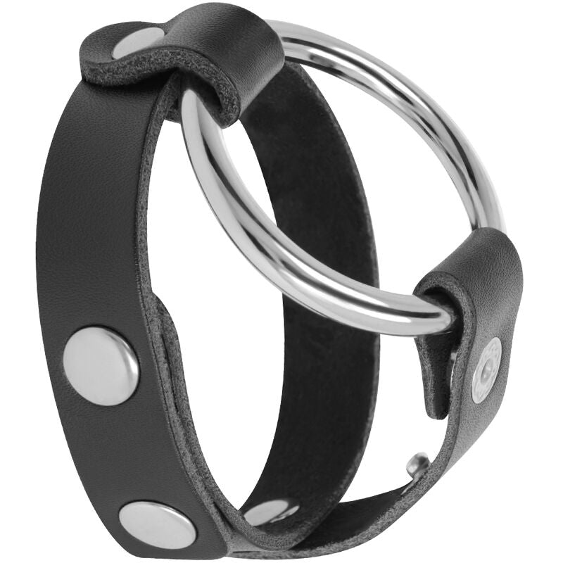 Cockring Pénis et Testicules BDSM Réglable Métal et Cuir - Darkness