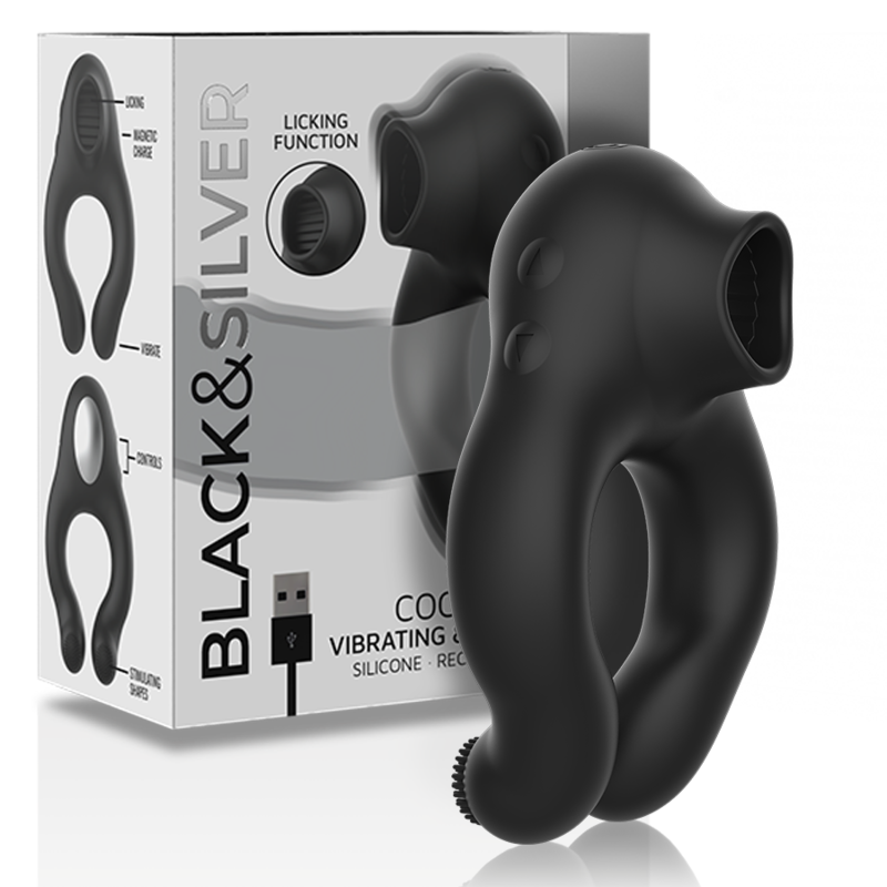 Cockring Vibrant Licking Silicone 3 Moteurs Rechargeable Noir - Black&Silver