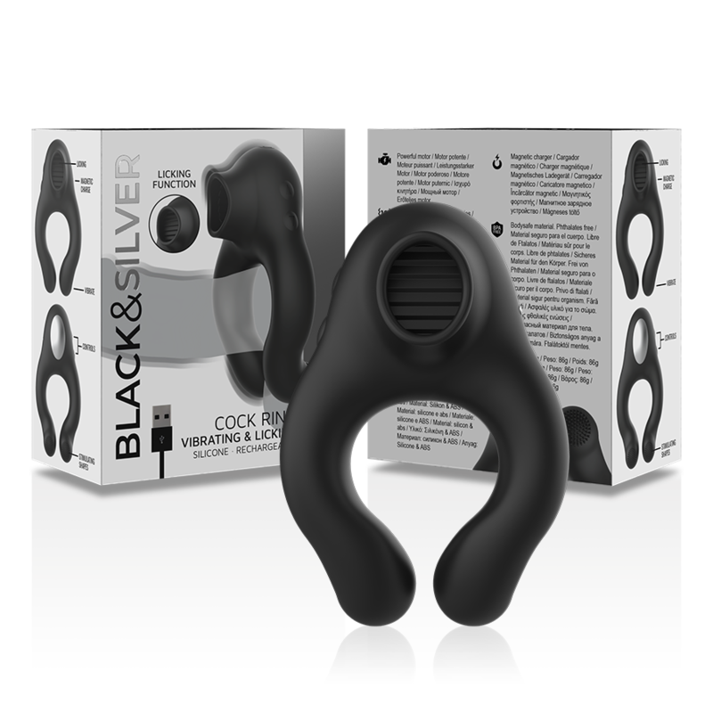 Cockring Vibrant Licking Silicone 3 Moteurs Rechargeable Noir - Black&Silver