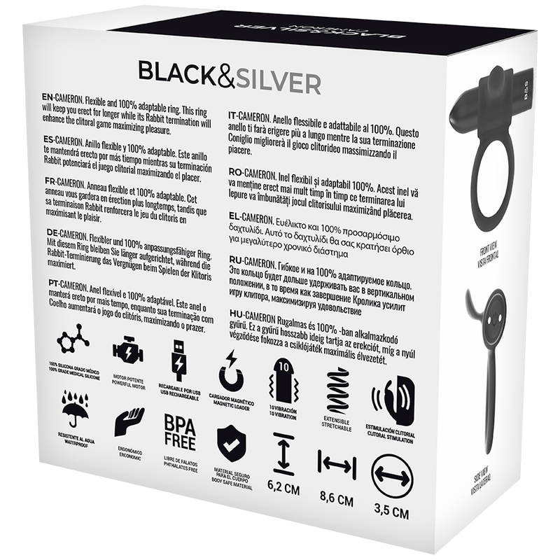 Cockring Vibrant Télécommandé Cameron WatchMe 10 Modes Rechargeable - Black&Silver