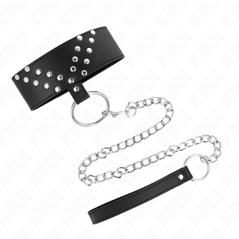 Collier BDSM Cuir avec Laisse Rivet V Réglable 36-43 cm - Kink