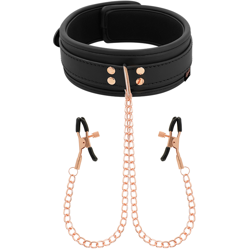 Collier BDSM Pinces à Tétons Cuir Vegan Doublure Néoprène - Coquette