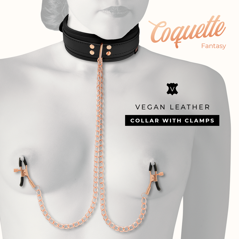 Collier BDSM Pinces à Tétons Cuir Vegan Doublure Néoprène - Coquette