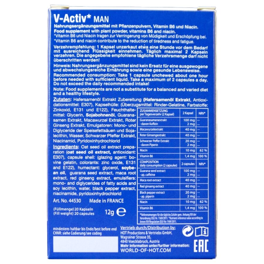 Complément Alimentaire Homme V-Activ Guarana 20 Capsules - Hot