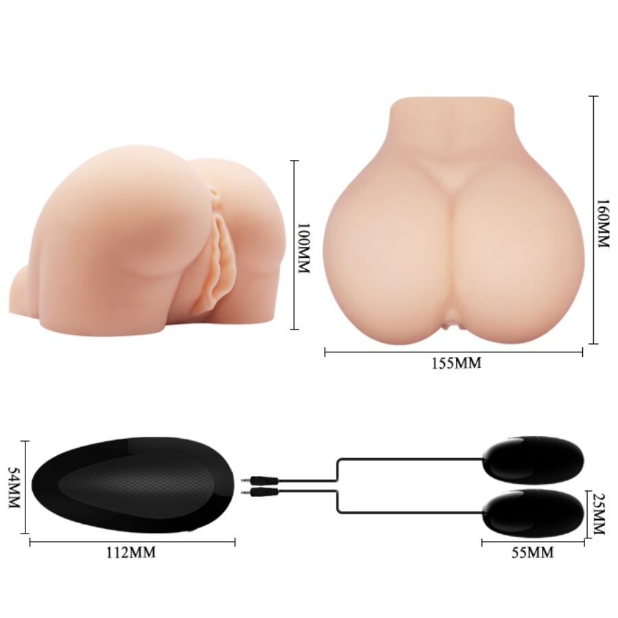 Dimensions du masturbateur fessier Crazy Bull, de la télécommande et des œufs