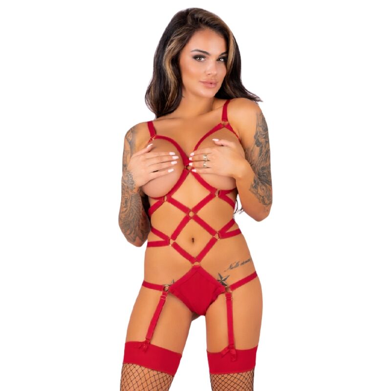 Ensemble Body à Lanières et Bas Résille Thiara Noir - Livco Corsetti