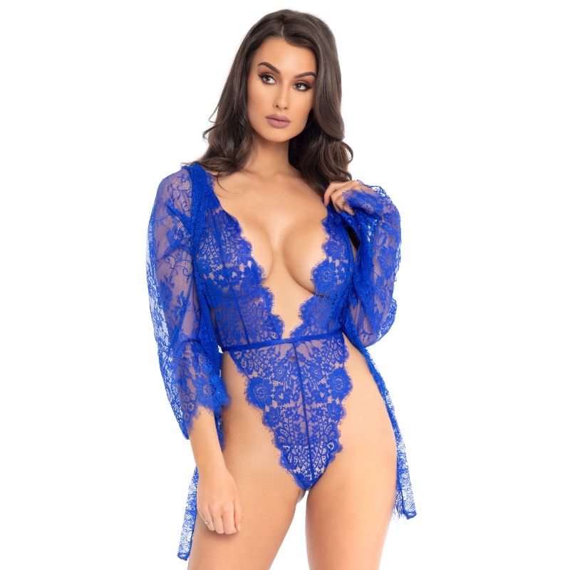 Ensemble Teddy et Robe de Chambre Dentelle Florale 3 Pièces - Leg Avenue