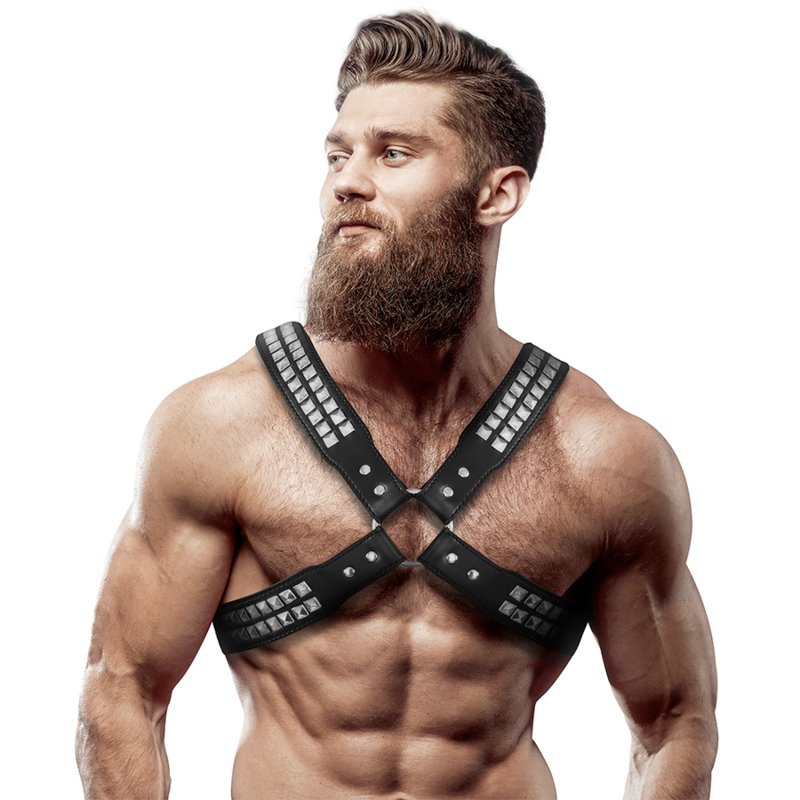 Harnais Homme Poitrine Croisée Cuir Écologique Rivets Réglable - Fetish Submissive