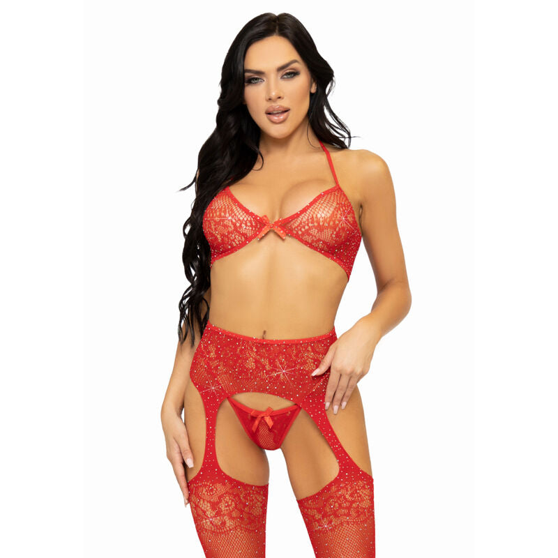 LEG AVENUE - ENSEMBLE TROIS PIÈCES SOUTIEN-GORGE, STRING ET BAS TAILLE UNIQUE - ROUGE