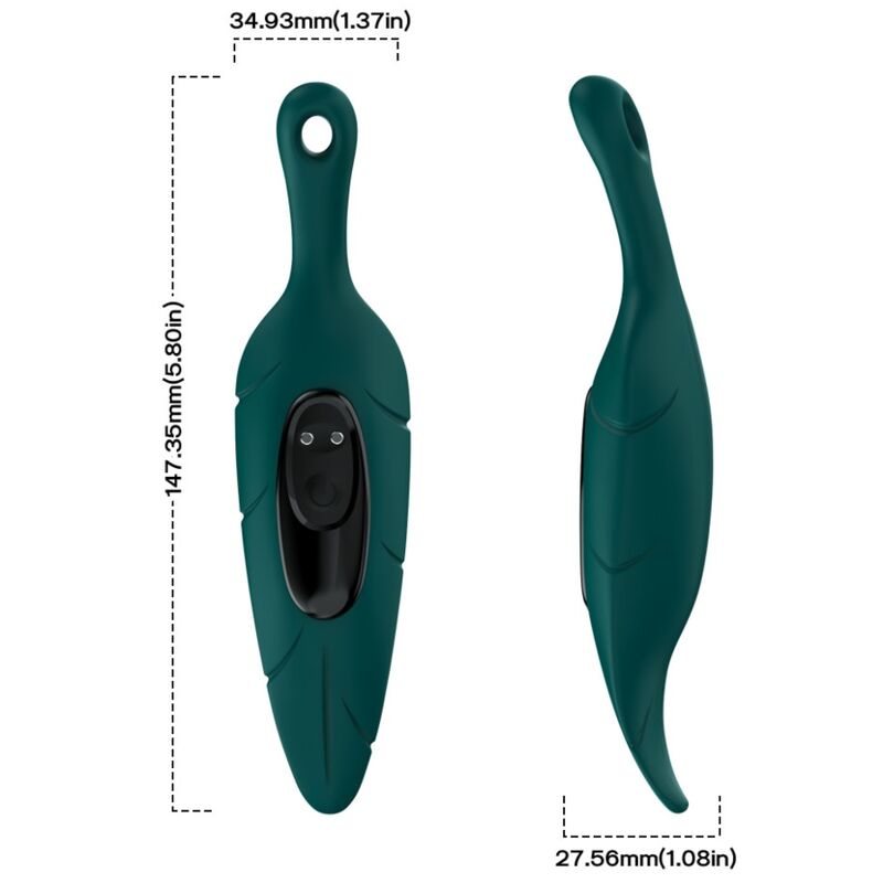 Dimensions du stimulateur clitoridien Feuille Armony, vue de face et vue de profil