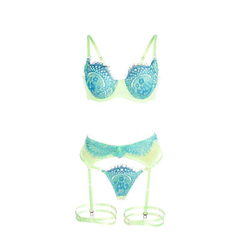 SUBBLIME - 955311 ENSEMBLE SOUTIEN-GORGE AVEC LIGNES DENTELLE ET JARRETELLE VERT ET BLEU S/M