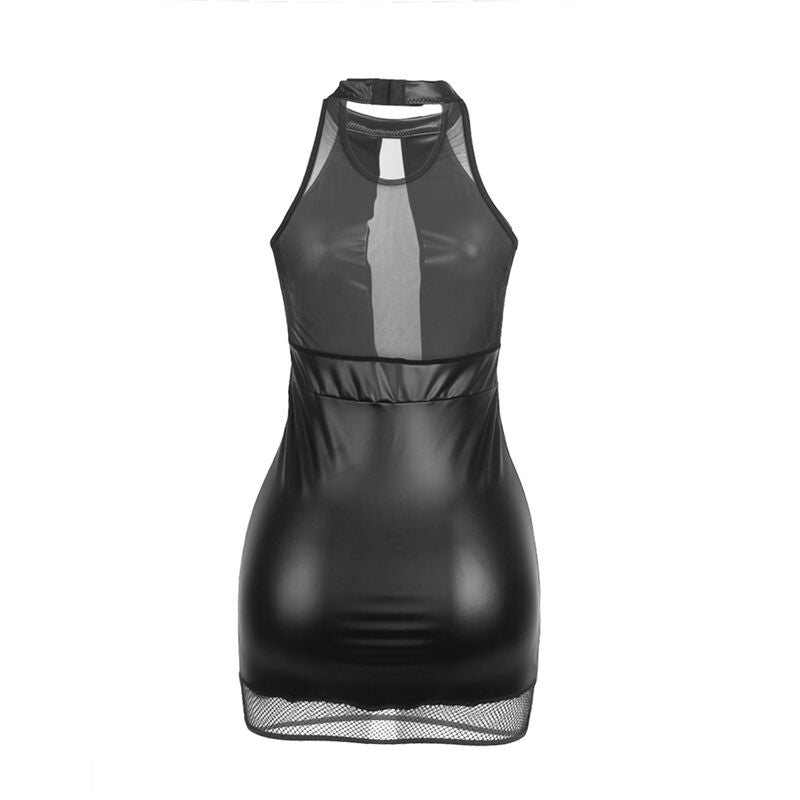 Robe Dos Nu Col Licou Cuir PU et Maille Transparente - Subblime