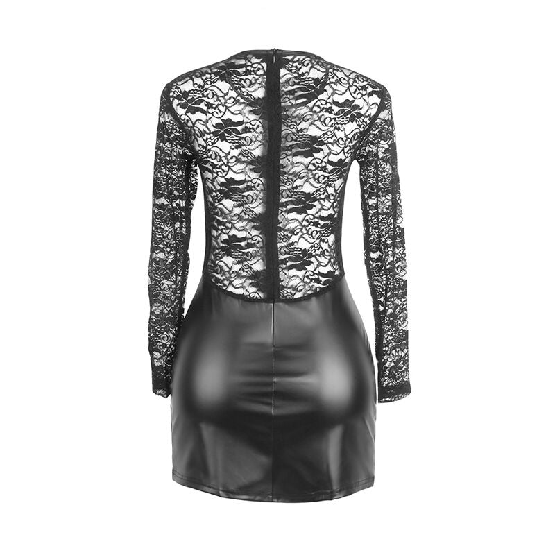 Robe Sexy Manches Longues Simili Cuir et Dentelle Noire - Subblime
