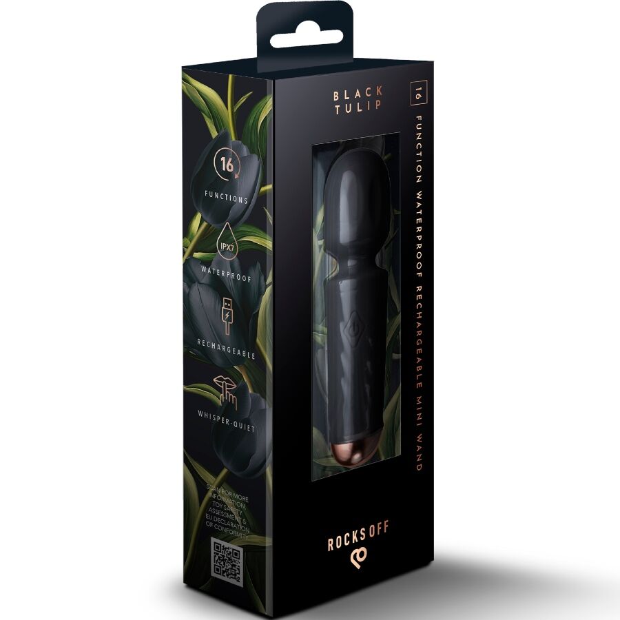 ROCKS-OFF - MINI BAGUETTE RECHARGEABLE 16 FONCTIONS TULIPE NOIRE