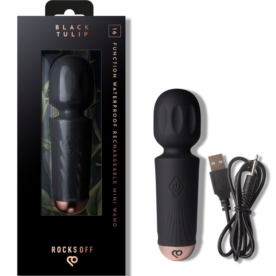ROCKS-OFF - MINI BAGUETTE RECHARGEABLE 16 FONCTIONS TULIPE NOIRE
