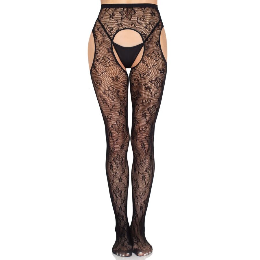Collants Résille Bloom Motif Floral Entrejambe Ouverte Taille Unique - Leg Avenue