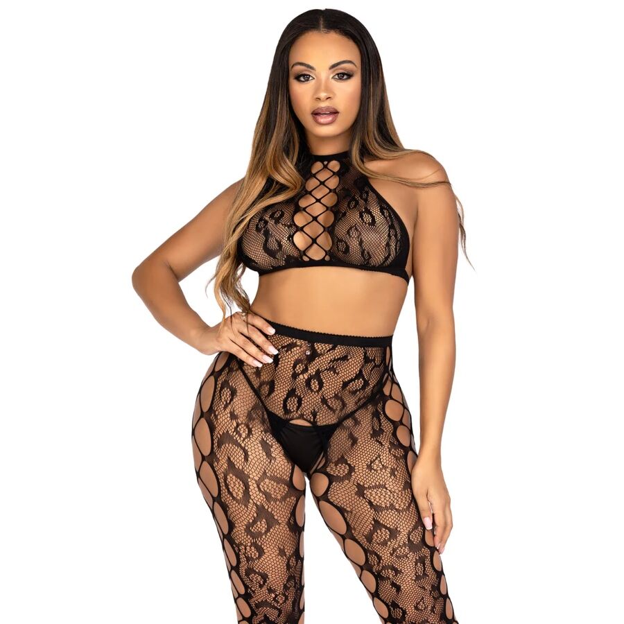 Ensemble Crop Top et Collants Sans Entrejambe Effet Léopard - Leg Avenue