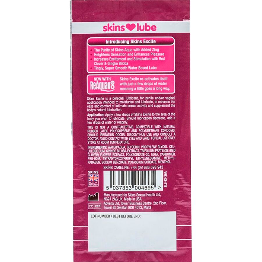 Lubrifiant Base Eau Excite L-arginine Effet Picotement - Skins