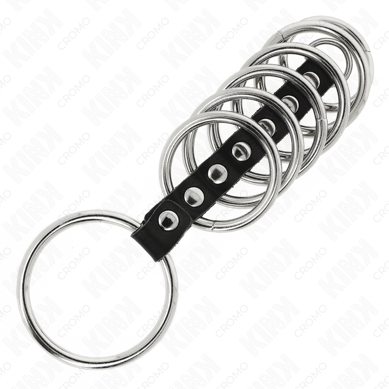 Set 5 Cockrings Métal 3,2 à 5 cm Reliés par Cuir - Kink Ring Power