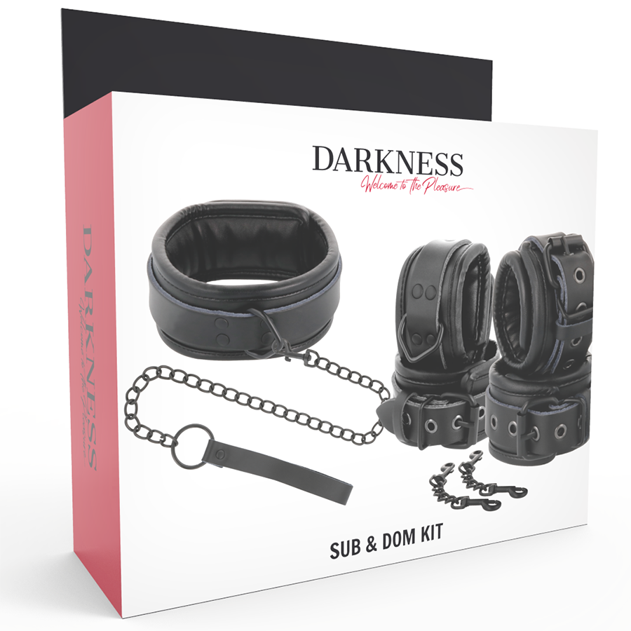 Set BDSM Collier Menottes et Laisse Cuir Taille Unique Ajustable - Darkness