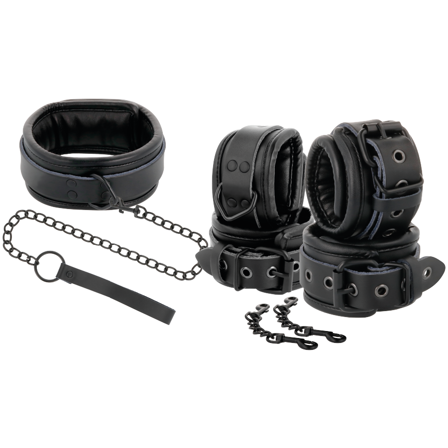 Set BDSM Collier Menottes et Laisse Cuir Taille Unique Ajustable - Darkness